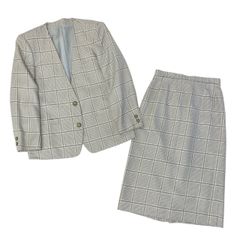 5c5 Vintage Burberrys バーバリーズ スカートスーツ セットアップ 装飾ボタン ノーカラー 11 グレー系 チェック レディースu02t