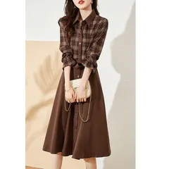 ワンピース レディース 未使用 膝丈ワンピース ひざ丈 ワンピ ミディアム丈 ドレス 通勤 OL 長袖 シンプル 切り替えワンピース チェック柄 おしゃれ 春 秋 バイカラー 結婚式 二次会 フォーマル mikixz329