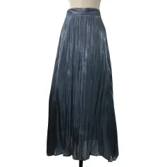 ムルーア MURUA スカート フレア プリーツ ロング サテン 光沢 無地 ウエストゴム F 水色 グレー ライトブルー