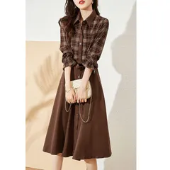 ワンピース レディース 未使用 膝丈ワンピース ひざ丈 ワンピ ミディアム丈 ドレス 通勤 OL 長袖 シンプル 切り替えワンピース チェック柄 おしゃれ 春 秋 バイカラー 結婚式 二次会 フォーマル mikixz329