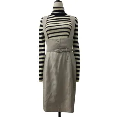 デビュー ド フィオレ Debut de Fiore ジャンパースカート タイト ひざ丈 ハイウエスト ベルト ウール カシミア混 無地 38 ベージュ グレー