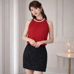 【新品未使用】パーティードレス パールネック シフォン レッド×ブラック  上品 華やか 結婚式 二次会 ラウンジ キャバドレス ナイトドレス ミニ丈