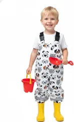 ReiLuana プレイウェア お砂場着 子供 遊び着 汚れ防止 レイン パンツ 撥水 反射テープ サロペット 外遊び 人気 可愛い おしゃれ キッズ 幼児 長さ 調整可 公園 (ドッグフレンズ,  100)