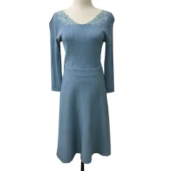 ジャスグリッティー JUSGLITTY ワンピース ニット フレア ひざ丈 レース 刺繍 ビジュー ビーズ ペチコート 2 水色 ライトブルー