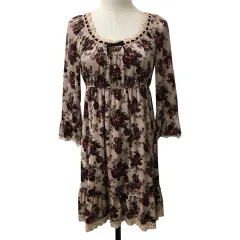 レストローズ L'EST ROSE ワンピース フレア ミニ ベロア 花柄 レース 光沢 七分袖 2 ピンク 紫 パープル