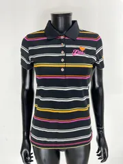 【USED】FILA フィラ ポリエステル 半袖 ポロシャツ ロゴ刺繍 ボーダー ブラック 黒 レディース L ゴルフウェア