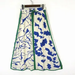 テバルト TEVALT スカート 配色 総柄 イージー フレア ロングスカート シワ加工 M 38 アイボリー ブルー グリーン