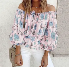 【ピンク】花柄 オフショルダー ブラウス レディース 春夏 トップス フリル シフォン フェミニン 7分袖 ゆったり 体型カバー 大人可愛い カジュア