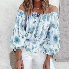 【ブルー】花柄 オフショルダー ブラウス レディース 春夏 トップス フリル シフォン フェミニン 7分袖 ゆったり 体型カバー 大人可愛い カジュア