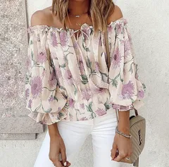 【アプリコット】花柄 オフショルダー ブラウス レディース 春夏 トップス フリル シフォン フェミニン 7分袖 ゆったり 体型カバー 大人可愛い カジュア
