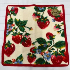 286　美品　FEILER　フェイラー　ハンカチ　 ハンドタオル　ストロベリーフィールド　 いちご　アイボリー×レッド系　シール付き　 シュニール織り　レディース