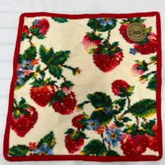 264　美品　FEILER　フェイラー　ハンカチ　 ハンドタオル　ストロベリーフィールド　 いちご　アイボリー×レッド系　 シュニール織り　シール付き　レディース