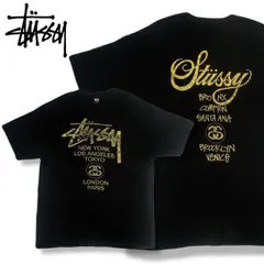 OLD STUSSY 00s 黒タグ Mexico製 XL 黒 ゴールド クラシックロゴ ワールドツアー Tシャツ オールド ステューシー  バックプリント オーバーサイズ メンズ