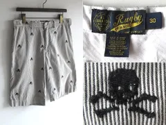 希少 廃盤ライン Ralph Lauren Rugby ラルフローレン ラグビー 総柄 スカル刺繍 ストライプ ショートパンツ ショーツ W30 グレー RN41381