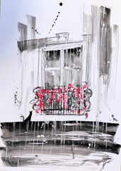 原画#412 女性画 黒猫 猫 ロサンゼルス 水彩画 ドローイング