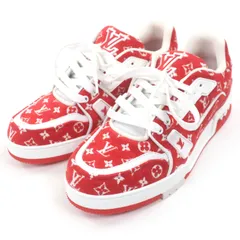 未使用品□LOUIS VUITTON ルイヴィトン 2023年製 LV トレイナーライン 一部レザー使い モノグラム パイル地 ローカットスニーカー レッド ホワイト 7.5 保存袋付き イタリア製 メンズ