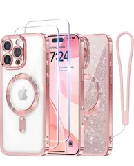 ★Meifigno ケース iPhone 16 Pro Max 6.9インチ用 [MagSafe対応] [スクリーンプロテクター2枚] [グリッターカード&リストストラップ] サラウンドレンズ保護 iPhone 16 Pro Maxケース用 ローズゴールド