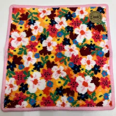 274　美品　FEILER　フェイラー　LOVARARY　 ラブラリー　ハンカチ　ハンドタオル　 セニョリータフラワー　花柄　 ピンク×オレンジ系　シュニール織り　 シール付き　レディース