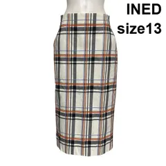 ◇ イネド INED チェック柄ペンシルスカート ロング丈 ハイウエスト バックスリット 白 マルチカラー 綿混 13 L 11号 レディース S6C096