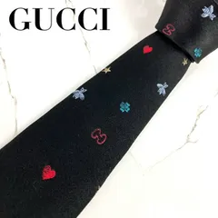 GUCCI　グッチ　ネクタイ　シンボルズ　蜂　Bee　ロゴ　GG　クローバー　ハート　ジャガード　ブラック　光沢　肉厚　N1354