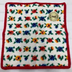 378　美品　FEILER　フェイラー　ハンカチ　 ハンドタオル　ミニタオル　カリーナ　 花柄　ホワイト×レッド系　白　赤　 マルチカラー　シュニール織り　 シール付き　レディース