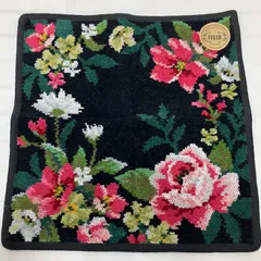 250　美品　FEILER　フェイラー　ハンカチ　 ハンドタオル　アントワネット　花柄　 ブラック系　黒　シュニール織り　 シール付き　レディース