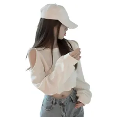 【REG8】レディース オフショルダー トップス 肩開き Y2K ショート丈トレーナー 長袖 プルオーバー クルーネック シンプル カジュアル 無地 ブラック ホワイト グレー (JP, アルファベット, L, ホワイト) 