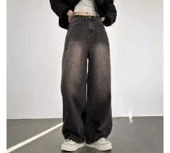 ハイウエスト ヴィンテージ ウォッシュ ワイド デニム パンツ