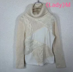 《Lady》Caroll パッチワーク 異素材切替 タートルネック ニット アイボリー