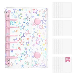 【新品】 zenoco シール帳 透明バインダー 推し活グッズ A7 女の子向け はがせる 6穴 シール収納 厚め 台紙付き（リフィル20枚セット・レーザースター・ピンク）