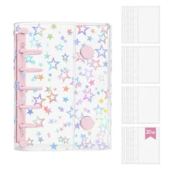 【新品】 zenoco シール帳 透明バインダー 推し活グッズ M5（マイクロ5） 女の子向け はがせる シール収納 厚め 台紙付き 5穴（リフィル20枚セット レーザースター ピンク）