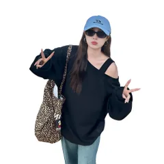 [レグエイト] オフショルダー Y2K スウェット レディース ワンショルダー トップス 肩見せ 長袖 プルオーバー 秋 冬 カジュアル 大人 かわいい 抜け感 (JP, アルファベット, L, ブラック) [ブラック] [L]