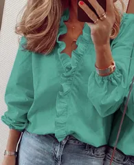 【グリーン】フリル ブラウス レディース 長袖 Vネック シャツ トップス きれいめ 上品 フェミニン オフィス 春 秋 大人可愛い