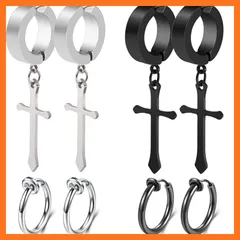 【新品】 GOKEI フェイク ピアス 十字架 ピアス めんず クロス リングピアス ノンホール フープ イヤリング イヤーカフ フェイクピアス メンズ ユニセックス 【4ペア8個セット】 1