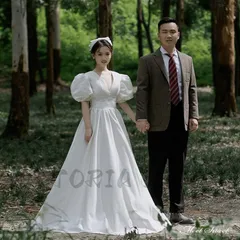 ウェディングドレス ロングドレス Aラインドレス パフスリーブ Vネック レトロ調 編み上げ 二次会 結婚式 前撮り ブライダル 花嫁 ウエディ