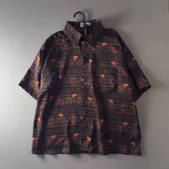 《新品・未使用》エスニック象モチーフ 小花柄 半袖シャツ ユニセックス ハワイアン レトロ 開襟 カジュアルタイプ (K)