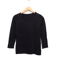 コムサデモード COMME CA DU MODE スパンコール装飾 刺繍 Tシャツ カットソー 7分袖 Uネック 9 ブラック 黒 /FT8