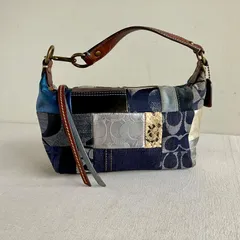 Coach Blue Denim Patchwork Signature Mini Demi Hobo Baguette Bag Suede Leather Y2K