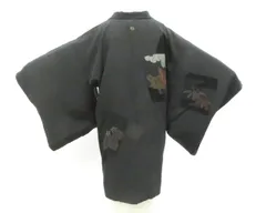 【一輝堂】羽織 黒羽織 縫い紋 漆 紐付き 正絹 身丈87cm 裄丈65.5cm 26z02-911