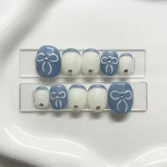 【現品販売】ネイルチップ　ブルー　青　水色　リボン　可愛い　フレンチ　シンプル
