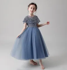 ＜在庫処分＞キッズドレス 90cm ブルー プリンセスドレス ロリータ風 発表会 ピアノ演奏会  bu1