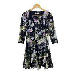 スーパービューティー ワンピース サイズ42 L レディース - 黒×白×マルチ クルーネック/長袖/ひざ丈/花柄/フリル/シースルー