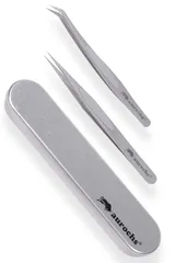 精密 ステンレス ピンセット 極ツマミ ストレート 先曲がり aurochs 2本セット ケース付