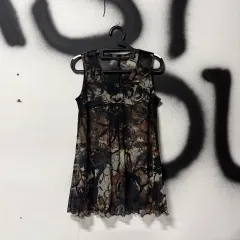 ヴィンテージ ディープブラウン フローラル パータン シースルー レイ ノースリーブ