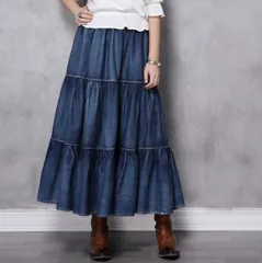 ＜在庫処分＞レディース デニムスカート ロングスカート フレアスカート Lサイズ 体型カバー 韓国風 秋  bu1