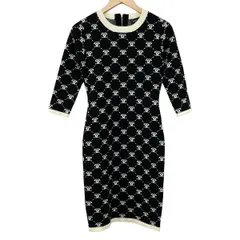 Emiria Wiz(エミリアウィズ) ワンピース サイズS レディース美品  - 黒×白 クルーネック/七分袖/ひざ丈/ニット/emiria