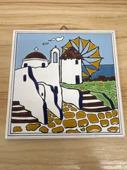 ギリシャ製タイルアート　ハンドメイド　風車　壁掛け　陶器　ミコノス島　手描きレリーフ　アート　絵　洋風　絵画　観賞用　インテリア