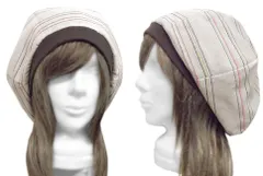 ◇送料無料◇　ハンドメイド◆ゆったりルーズ・リブ付ベレー帽◆ボーダー柄ジャガード織コットンリネンニット／ベージュ系　◇オールシーズン着用・小顔効果◇