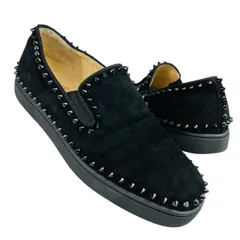 良品★Christian Louboutin★クリスチャンルブタン【PIK BOAT】メンズ スエードレザー スパイクスタッズ スリッポン スニーカー (40/約25㎝相当) メンズスニーカー カジュアル ブランドシューズ ローファー イタリア製 ブラック