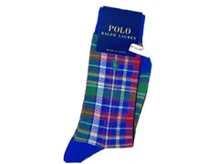 未使用 ポロ ラルフローレン ソックス メンズ チェック　 25-27cm ポニー　ブルー　レッド　青　刺繍 靴下 カジュアル　ビジネスソックス　紳士用　ナイガイ POLO RALPH LAUREN 